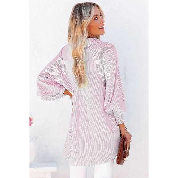 Pink/White Striped Boyfriend Shirt w/ Smocked Cuffs and Pockets Size Small - Picture 2 of 10